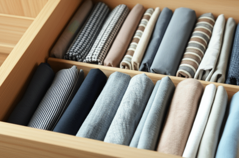 Organização Inteligente do Espaço Gaveta organizada com divisórias e roupas dobradas.