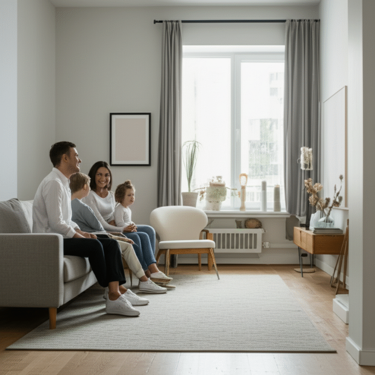Família sorrindo em uma sala organizada e minimalista