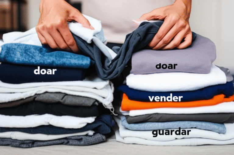 Mãos separando roupas em pilhas: doar, vender, guardar