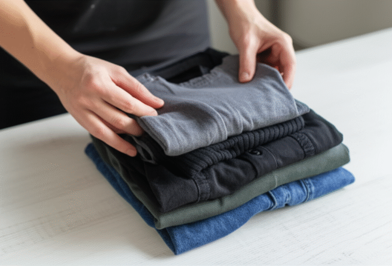 Descarte Consciente e Doação Mãos separando roupas para doação em uma caixa