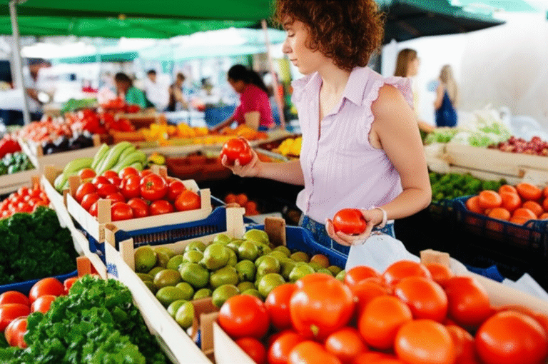 Consumo Consciente e Produtos Orgânicos Mulher comprando frutas e verduras em uma feira orgânica