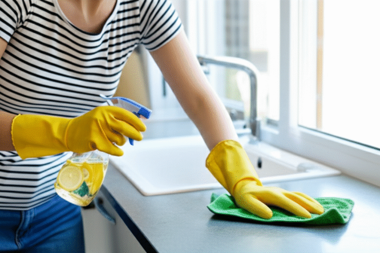 Limpeza para um Ambiente Saudável Mulher limpando a casa com produtos naturais.