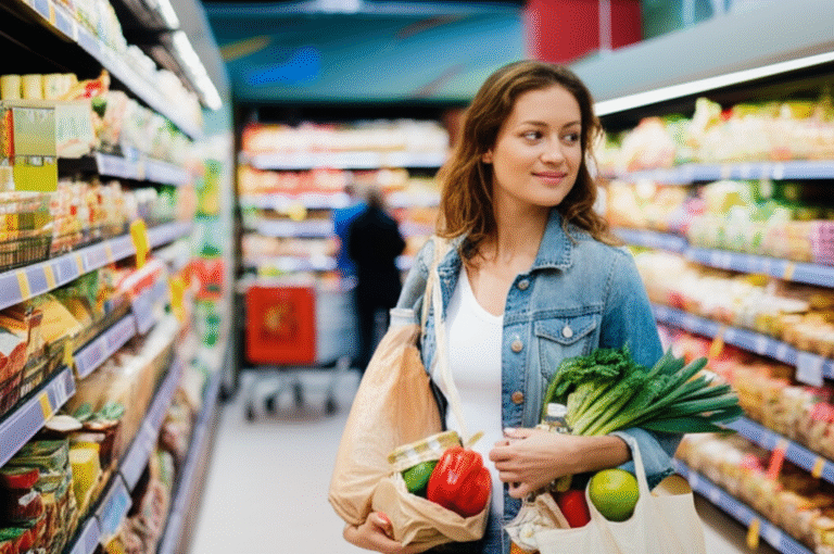 Consumo Consciente Mulher usando sacola reutilizável no supermercado