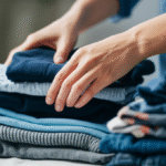 Mãos separando roupas para doação durante a organização da casa