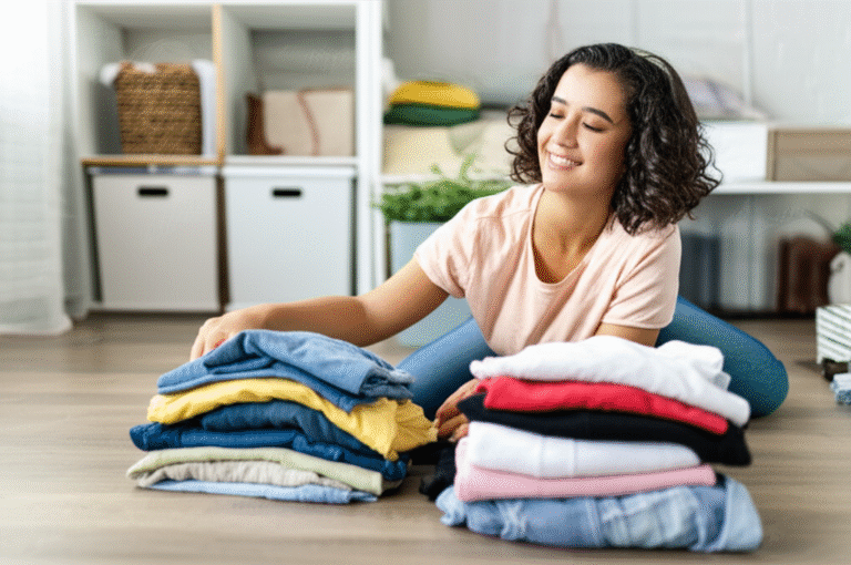 Desapego Consciente: Doe, Venda, Recicle! Mulher separando roupas para doação durante a organização da casa