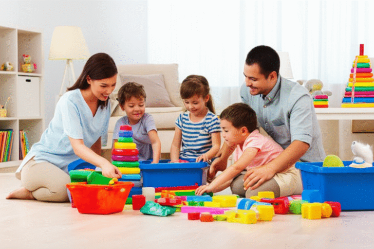 Organização em Família Família colaborando na organização da casa.