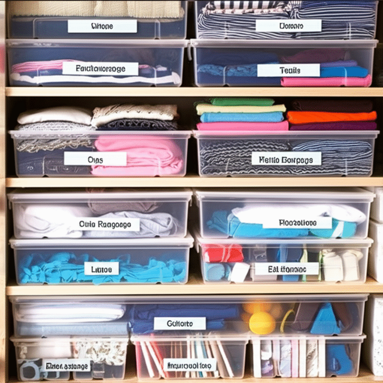 Organização com Caixas Etiquetadas Caixas organizadoras etiquetadas em uma prateleira.