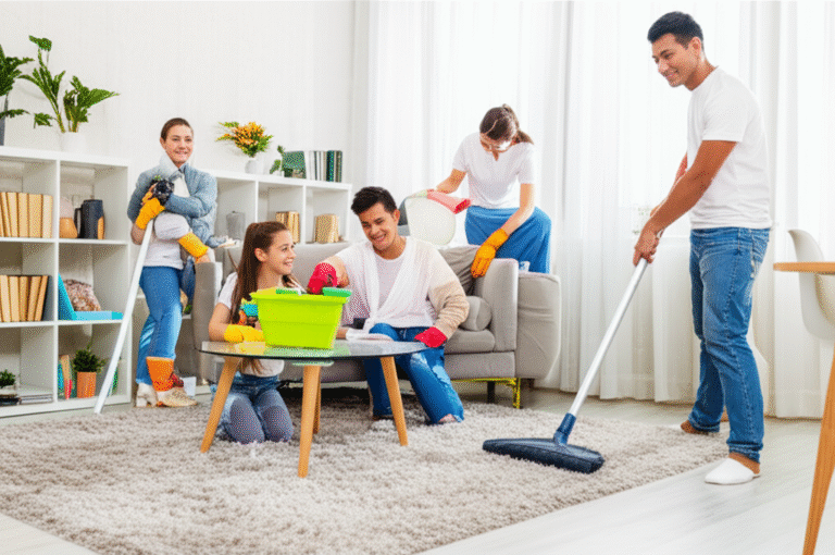 Família organizando a casa juntos, sorrindo.