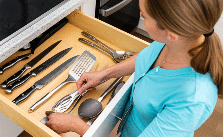 Organização em Pequenas Doses Mulher sorrindo organizando uma gaveta com utensílios