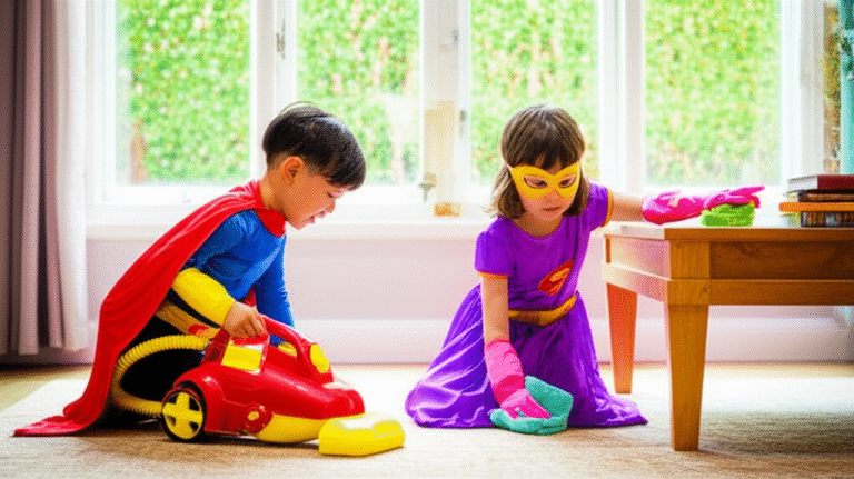 Missão Limpeza Super-Heróis Crianças brincando de limpar a casa vestidas de super-heróis