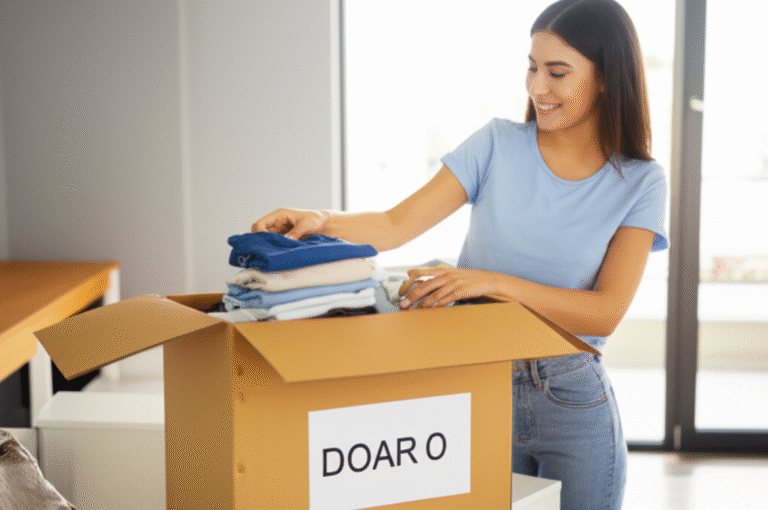 Desapego Consciente e Organização Mulher sorrindo enquanto doa roupas usadas