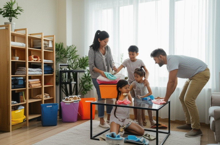 Organização em Família Família colaborando na organização da casa