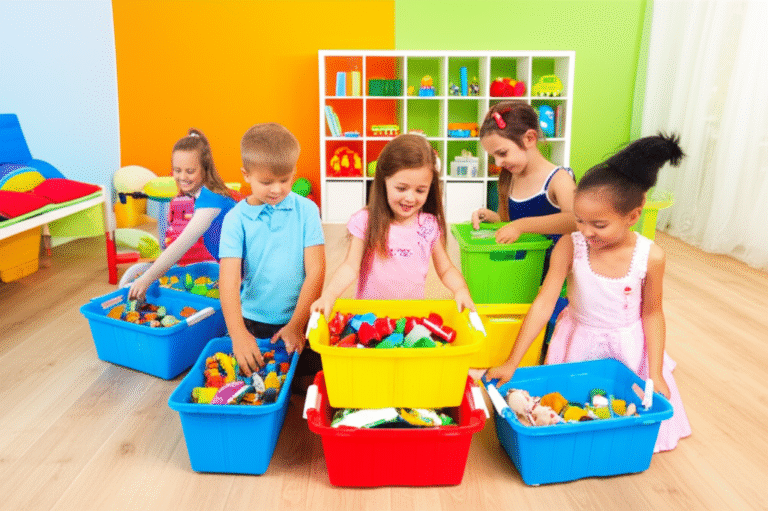Organização para Famílias com Crianças Crianças organizando brinquedos em caixas coloridas
