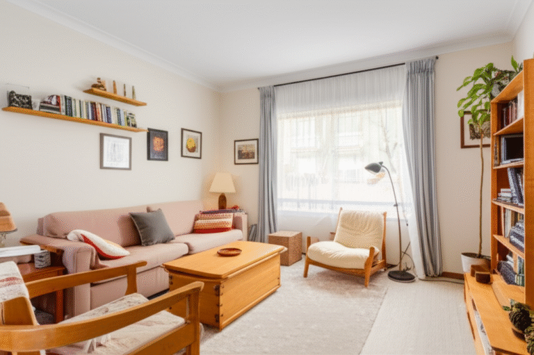 Espaços Definidos: Organização Funcional Sala de estar organizada com espaços definidos para leitura e relaxamento.