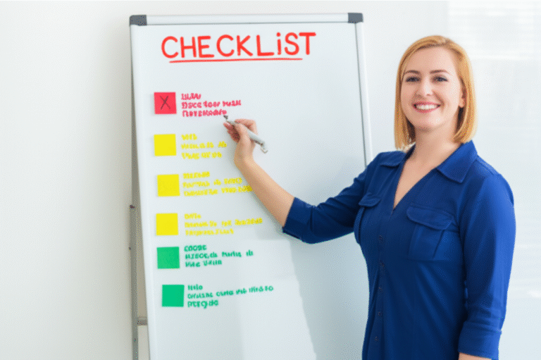 Mulher utilizando um quadro branco com checklist para organização de tarefas