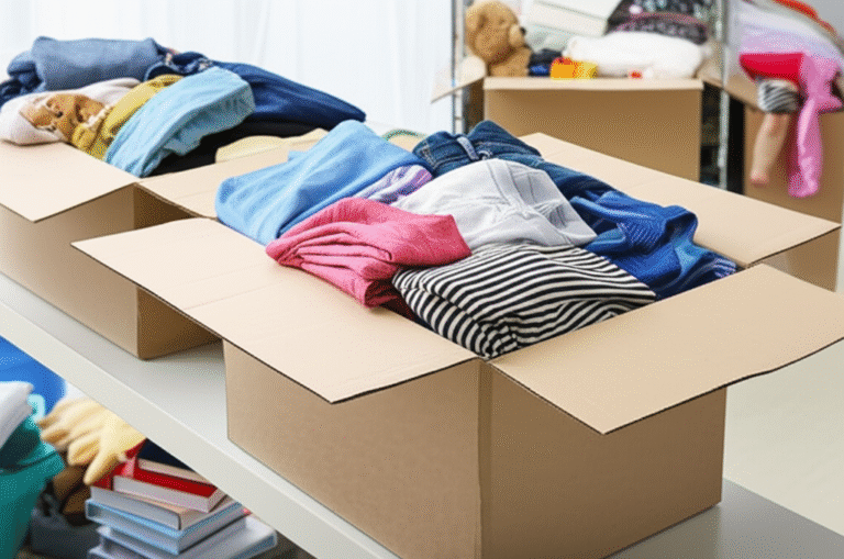 Desapego Consciente Caixas de doação com roupas e objetos.