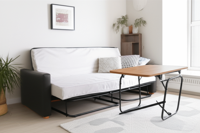 Mobiliário Multifuncional para Espaços Flexíveis Sala de estar com sofá-cama aberto e mesa dobrável.