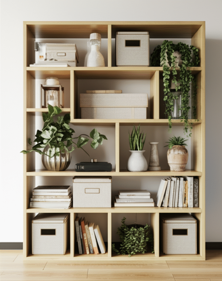 Organização Vertical e Aproveitamento de Espaço Parede com prateleiras e nichos organizados com caixas e plantas.