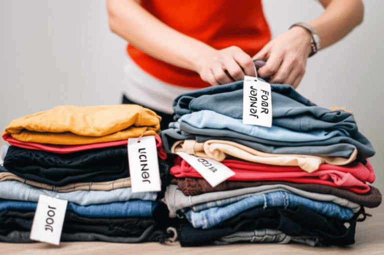 Categorização de Itens Pessoa separando roupas em pilhas para doação, venda e descarte