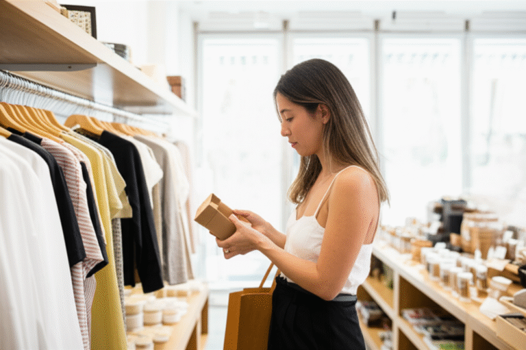 Consumo Consciente Mulher comprando de forma consciente em uma loja minimalista