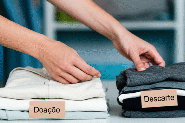 Destralhe Consciente para a Liberdade de Movimento Mãos separando roupas em pilhas para doar e descartar.