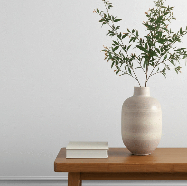 Simplificação Essencial para uma Vida Mais Leve Espaço minimalista com poucos objetos decorativos.