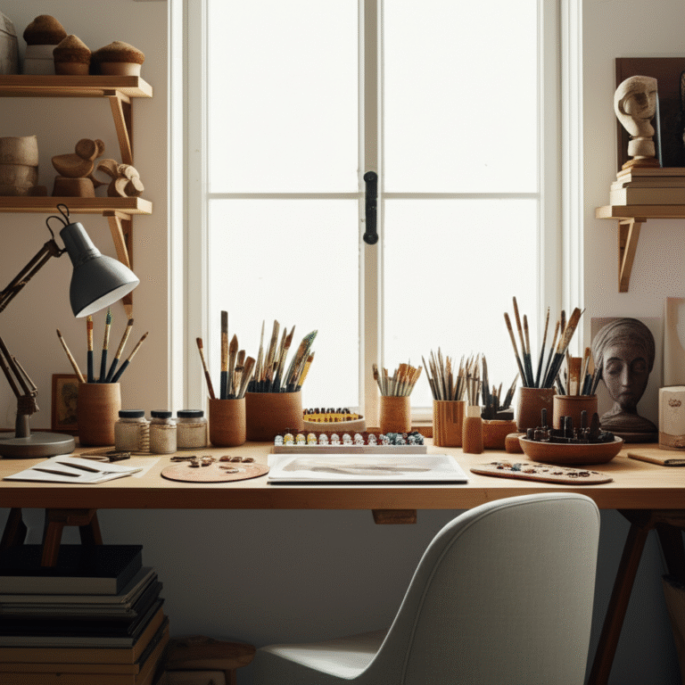 Espaço Criativo Arquétipo Criador Ambiente de trabalho organizado com materiais de arte