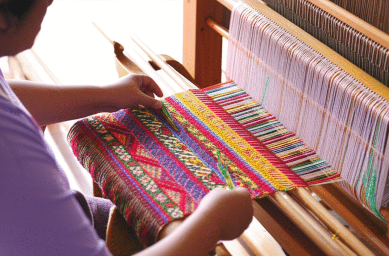 Artesanato como Expressão Criativa Mulher trabalhando em um tear, produzindo um tapete colorido.