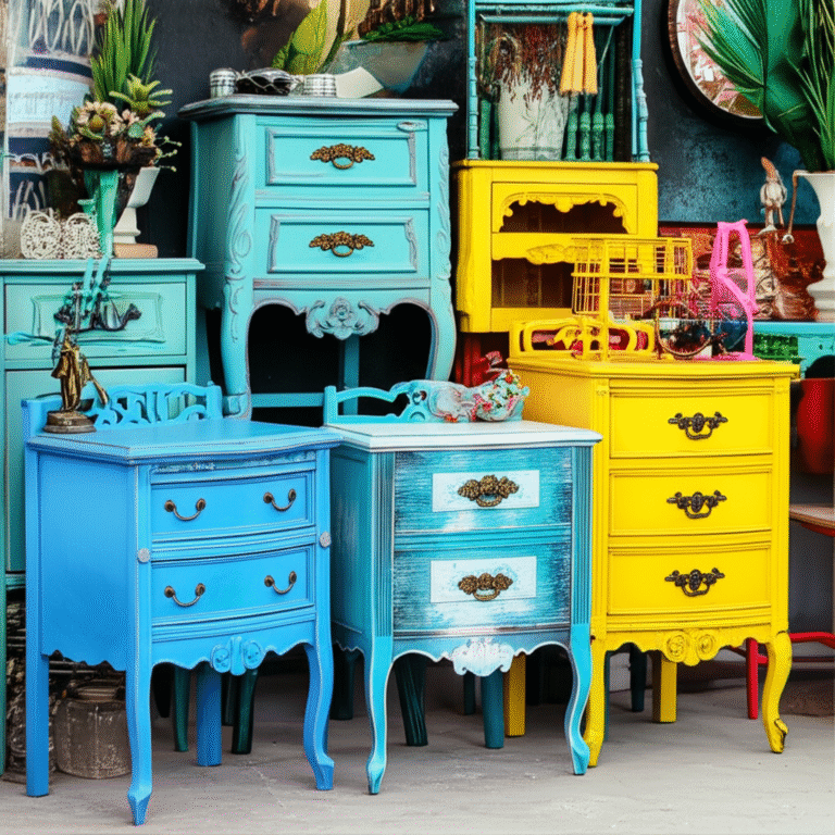 Upcycling: Transformando o Velho em Novo Móveis antigos restaurados e repaginados com cores vibrantes.
