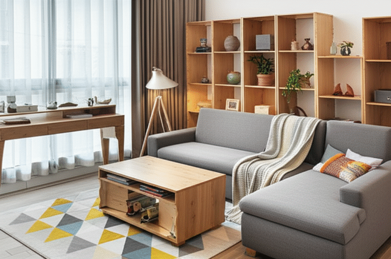 Espaços Multifuncionais Sala de estar multifuncional com móveis modulares