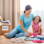 Mãe e filha separando roupas para doação.
