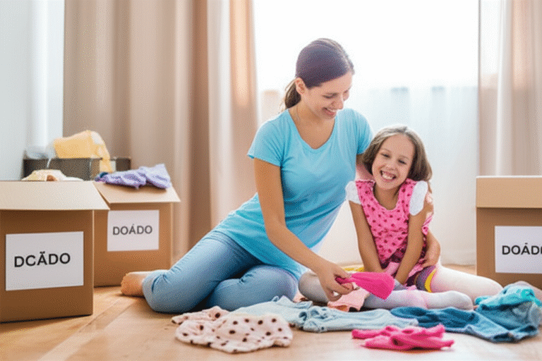 Desapego em família Mãe e filha separando roupas para doação.