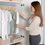 Mulher organizando roupas com o método Hygge em um guarda-roupa minimalista