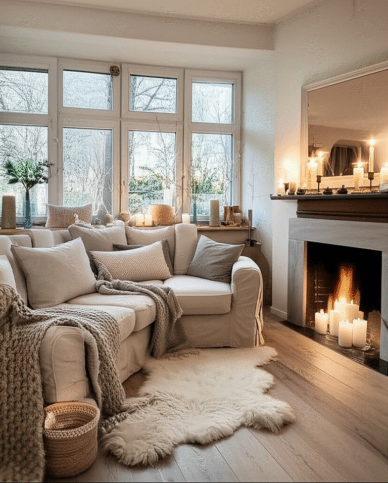 Atmosfera Aconchegante Hygge Sala de estar aconchegante com iluminação suave, mantas e cores neutras, estilo Hygge