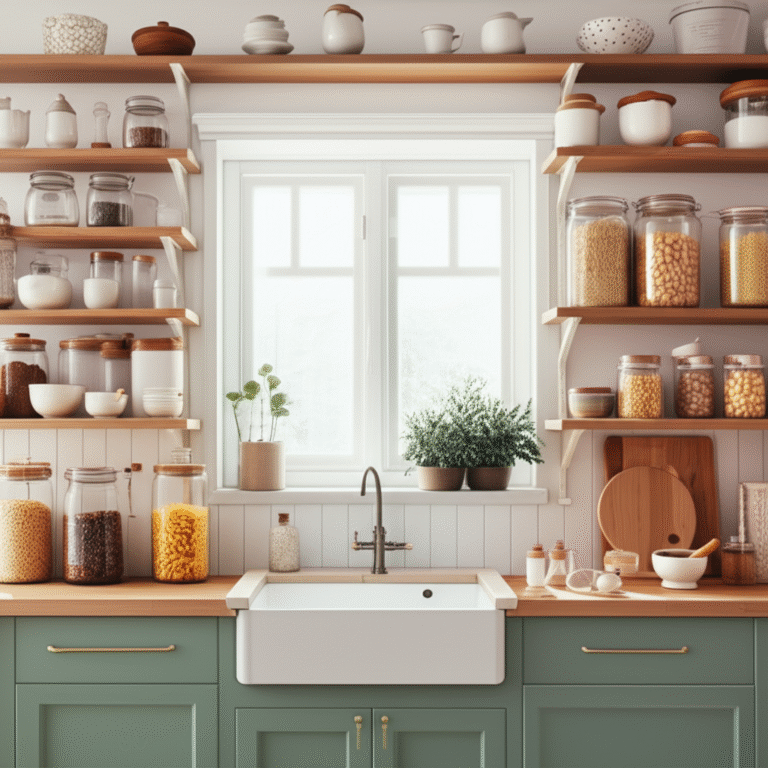 Organização Funcional Hygge Cozinha organizada com utensílios à mostra e soluções de armazenamento inteligentes, estilo Hygge