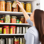 Mulher organizando prateleira de despensa com alimentos enlatados