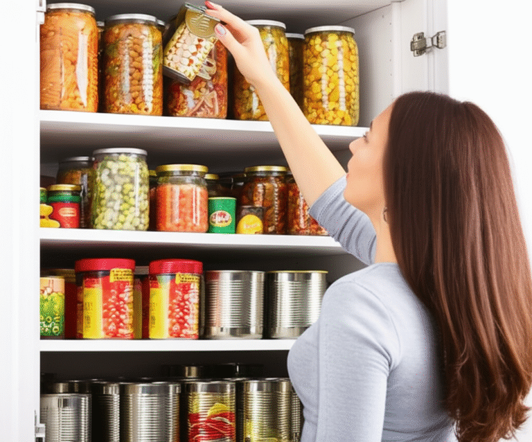 Organização de Despensa por Zonas Mulher organizando prateleira de despensa com alimentos enlatados