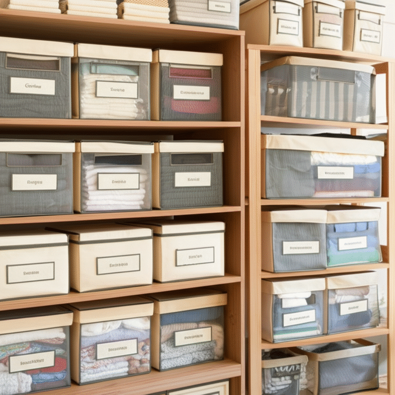 Organização com Caixas e Etiquetas Caixas organizadoras em prateleira com etiquetas