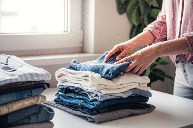 Desapego Estratégico para Organização Mãos separando roupas para doação em um cesto.