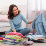 Mulher sorrindo enquanto descarta roupas usando o método KonMari