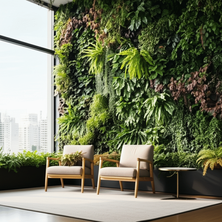 Jardim Vertical Biofílico Jardim vertical exuberante em sala de estar moderna