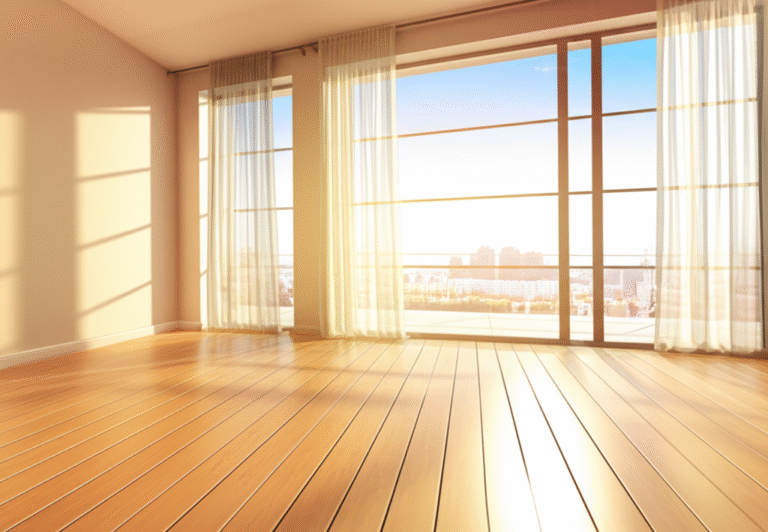 Iluminação Natural Biofílica Sala de estar iluminada com grandes janelas e cortinas leves