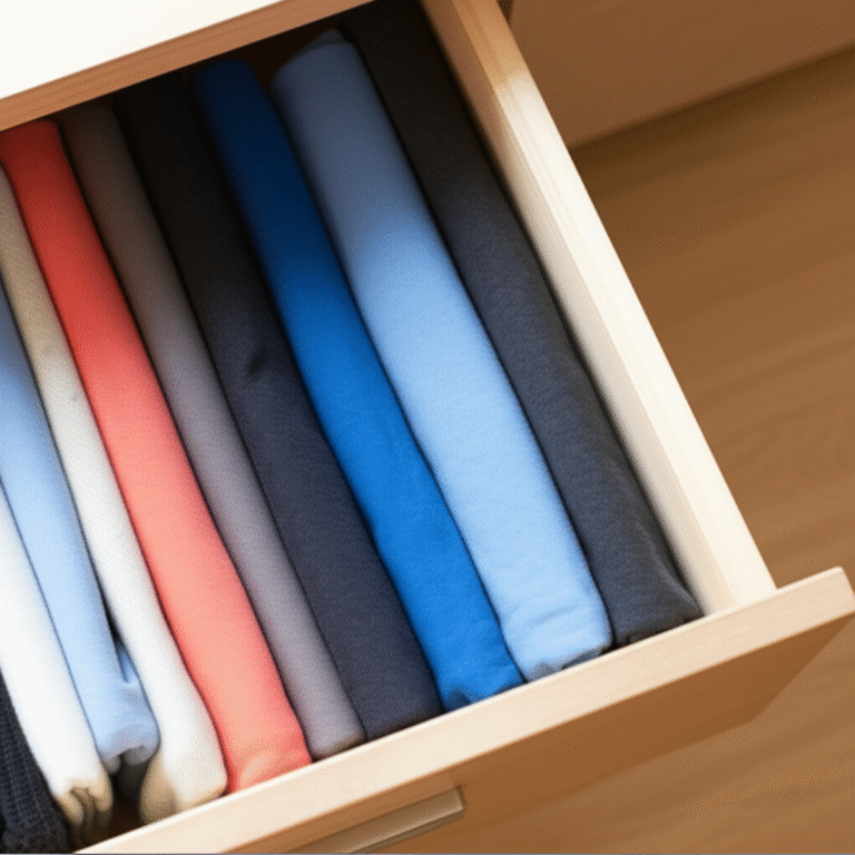 Organização KonMari por Categoria Gaveta organizada com roupas dobradas verticalmente, seguindo o método KonMari