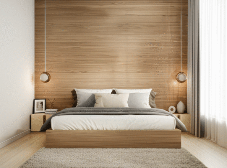 Quarto Biofílico Aconchegante Quarto com decoração em madeira e cores neutras