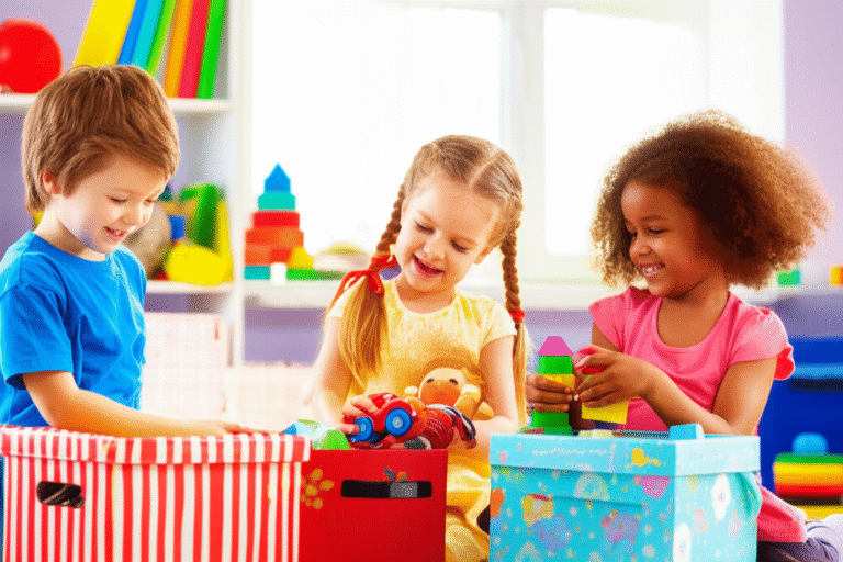 Crianças organizando brinquedos em caixas coloridas.