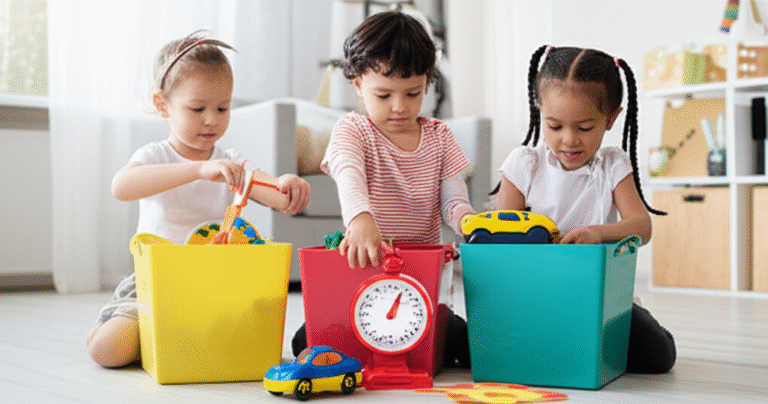 Crianças brincando de guardar brinquedos com um cronômetro.