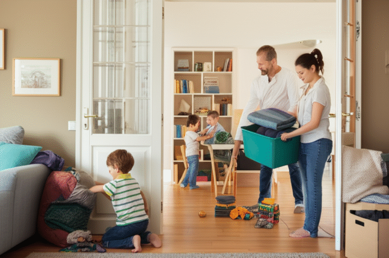 Crianças e adultos organizando a casa juntos.