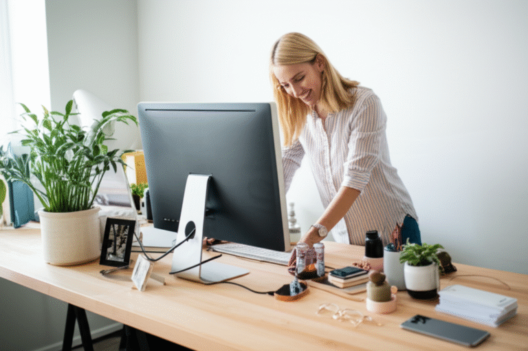 Mulher sorrindo enquanto organiza sua mesa de trabalho
