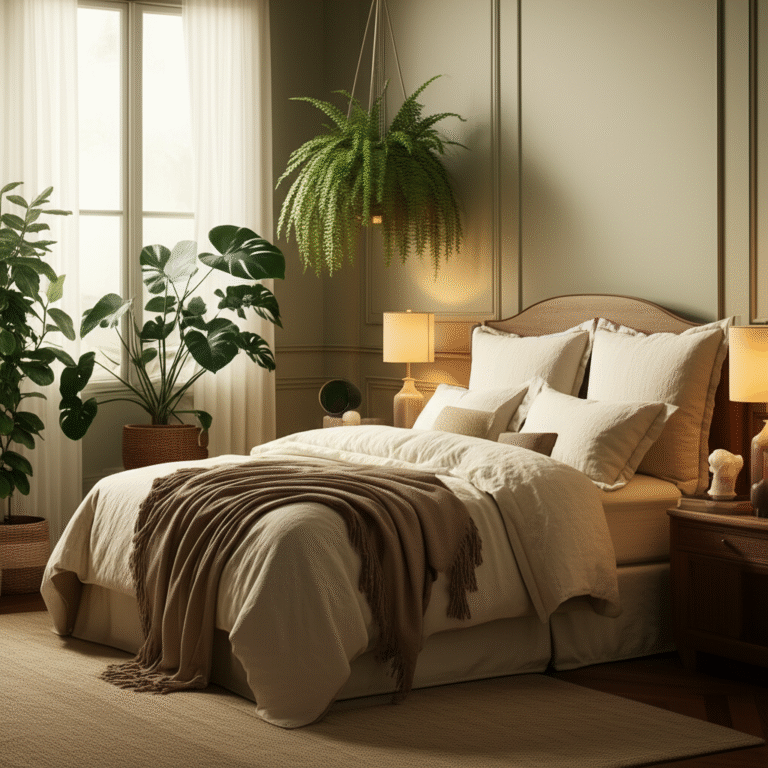 Conforto e Beleza na Organização Taurina Quarto taurino com lençóis de linho e iluminação suave