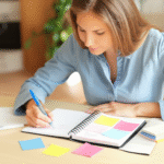 Mulher planejando organização de casa em um caderno.